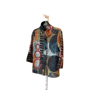 Colorful artsy swing style jacket with large black buttons… PXL